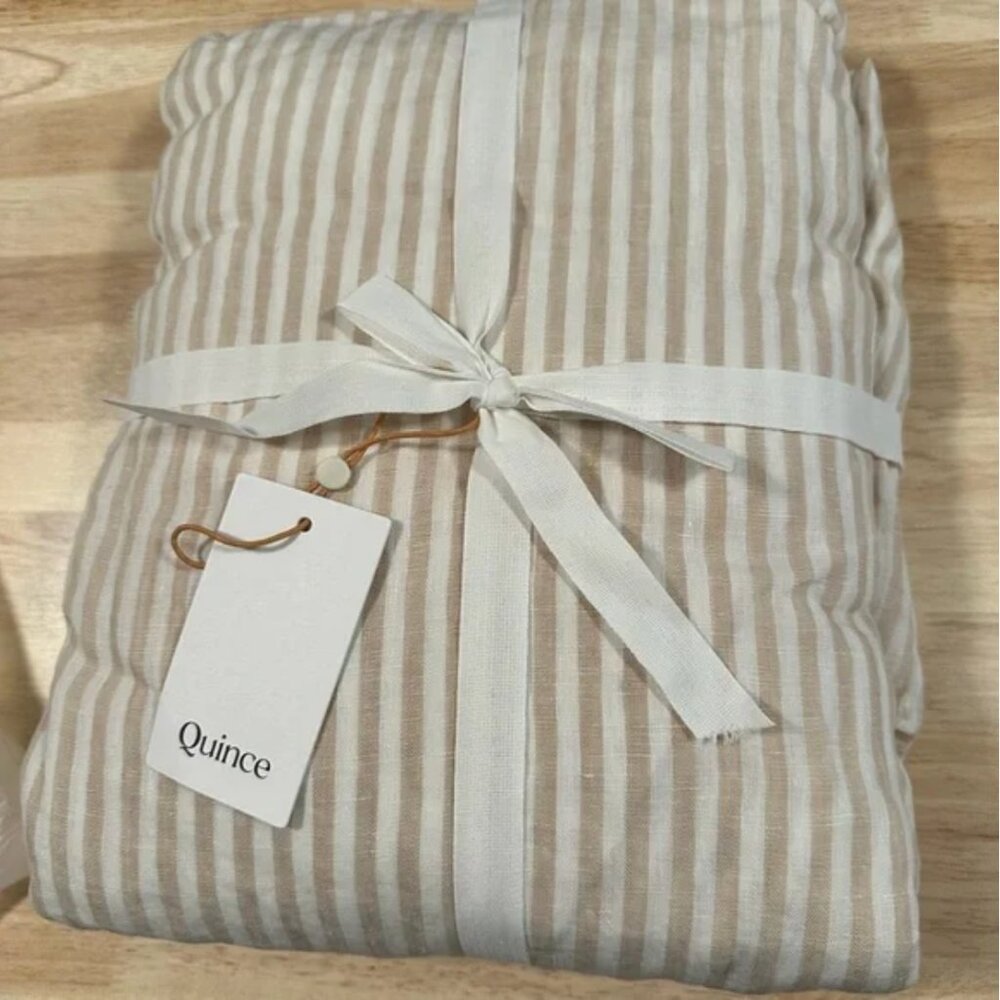 NWT QUINCE European Linen Fitted Sheet Set Cal King White/Natural Stripe